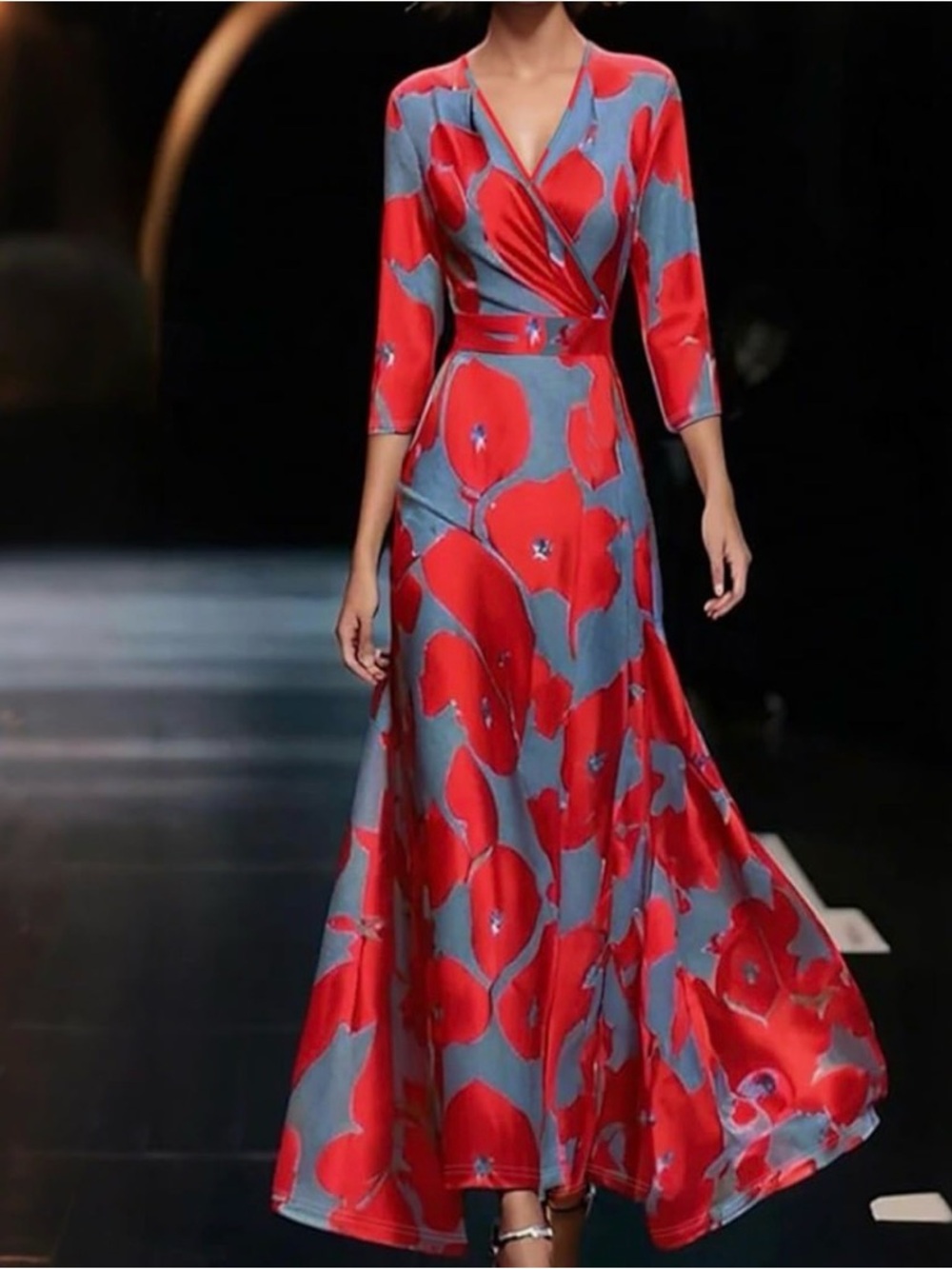 Red Floral Wrap Maxi Dress with V-Neck